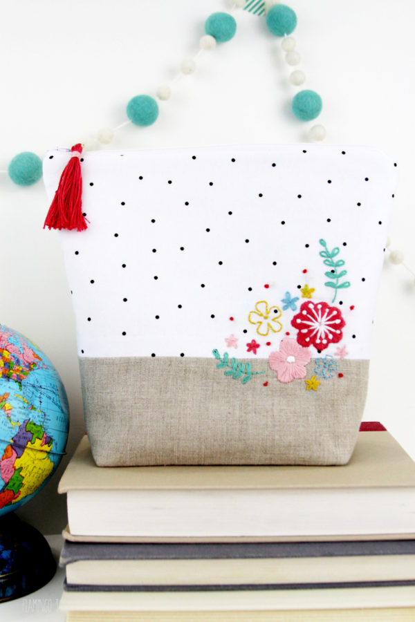 Flower Embroidered Zipper Pouch