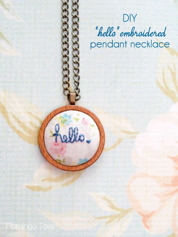 diy hello embroidered pendant necklace