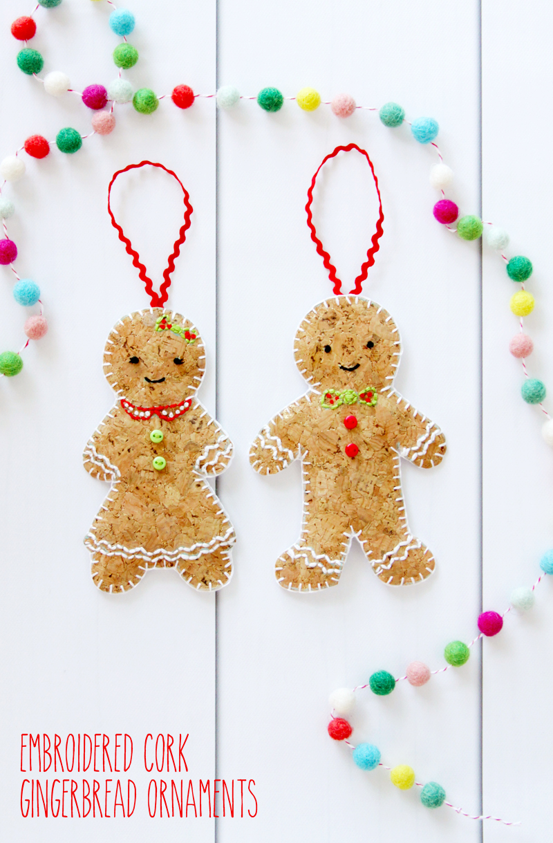 Embroidered Cork Gingerbread Ornaments - these are so cute! | Fabulous and Fun DIY Christmas Ornaments by popular Tennessee craft blog, Flamingo Toes: image of embroidered cork gingerbread ornament. 