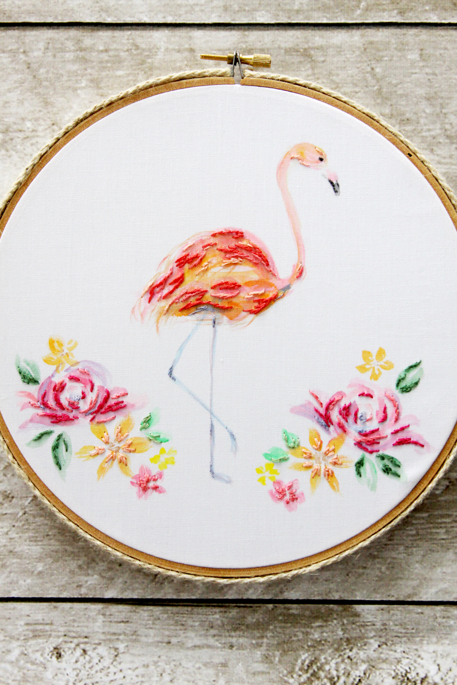Watercolor Floral Flamingo Embroidery Hoop Art