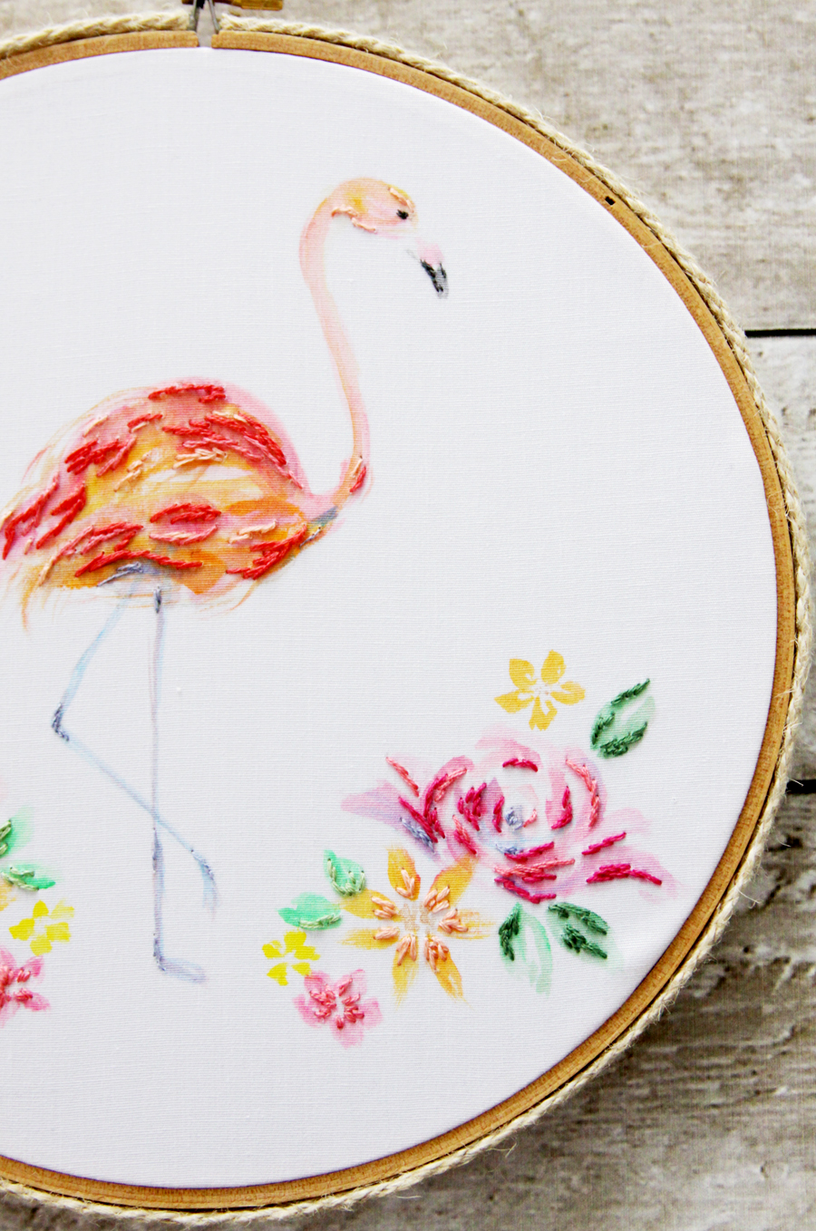 Watercolor Floral Flamingo Embroidery Hoop Art