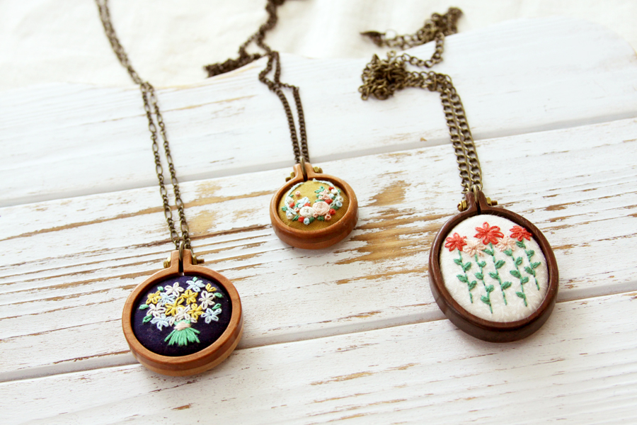 Three Sweet Embroidered Mini Hoop Necklaces