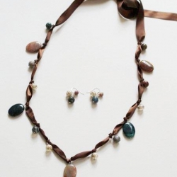 Beaded Ribbon Necklace & Earrings