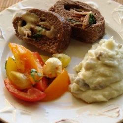 Meatloaf Rollups with Cream Cheese Mashed Potatoes and Caprese Salad